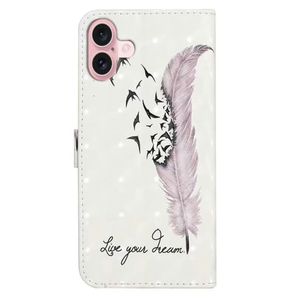 iPhone 16 Etui 3D Creative Pattern Vegansk Læder Stand Phone Cover - Fjer Pink