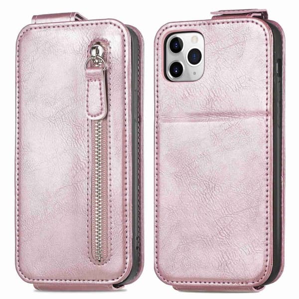 Vertical Flip Phone Etui med Zipper til iPhone 11 Pro Max - Rose Gull Pink