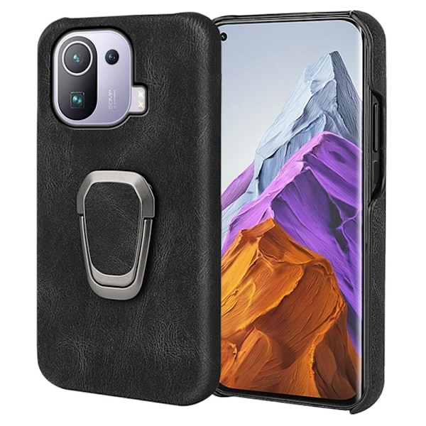 Stötsäkert läderfodral med oval kickstand för Xiaomi Mi 11 Pro - Svart Svart