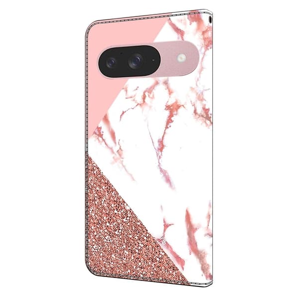Google Pixel 9 / 9 Pro plånboksfodral mönstrat tryck stativ läder flip telefonskal - Triangulär Marmor Rosa