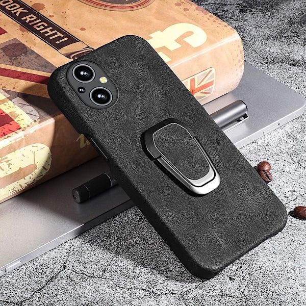 Iskunkestävä nahkasuojus soikealla jalustalla OnePlus Nord N20 5G:lle - Musta Black