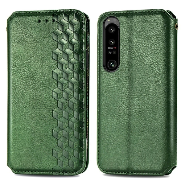 Læder Etui med A Stilfuldt Rhombus Tryk til Sony Xperia 1 IV - Grøn Green