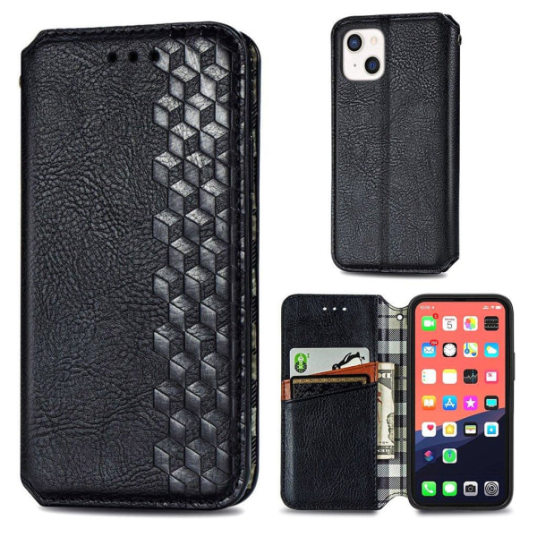 Nahkakotelo With A Stylish Rhombus Imprint For iPhone 13 Mini - Musta Black