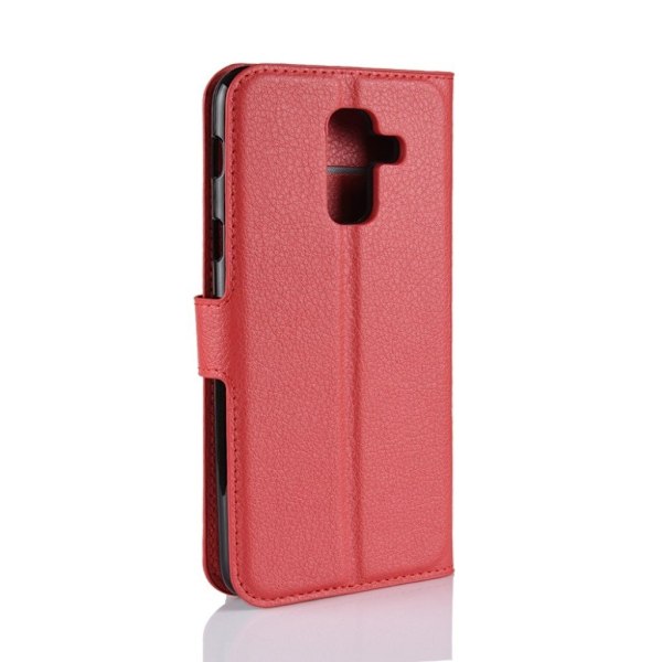 Samsung Galaxy A6 Plus mobiletui i kunstlæder med Litchi overflade. Indbygget pung og stander - Rød Red