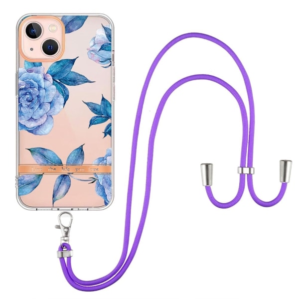 Slim And Durable Softcover With Lanyard For iPhone 14 Plus - C003 Sininen Peony Blue