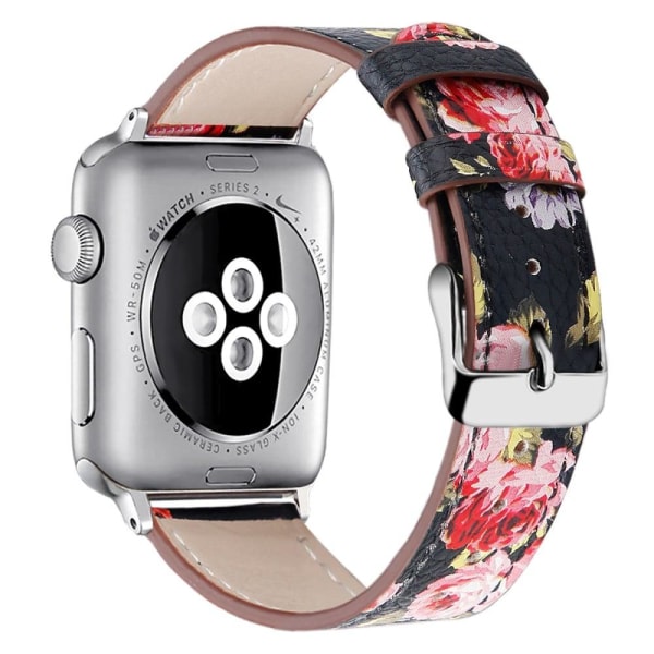 Apple Watch (45mm) Top Layer Cowhide Aitoa Nahkaa Rannekellon Nauha - Musta / Pink Flower Multicolor