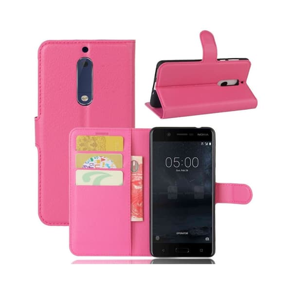 Nokia 5 Litchi Skinn Tekstur PU Lær Flip Etui - Rose Pink