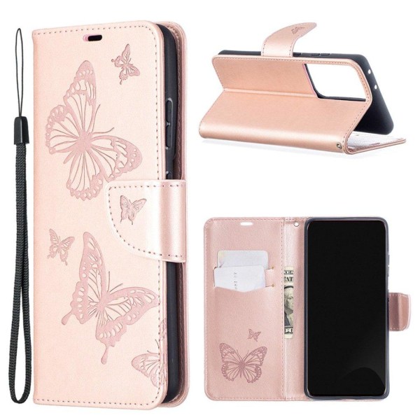 sommerfugl Samsung Galaxy S21 Ultra flip etui - guld Gold