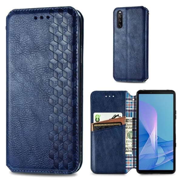 Lær Etui med A Stilfull Rhombus Imprint til Sony Xperia 10 III - Blå Blue