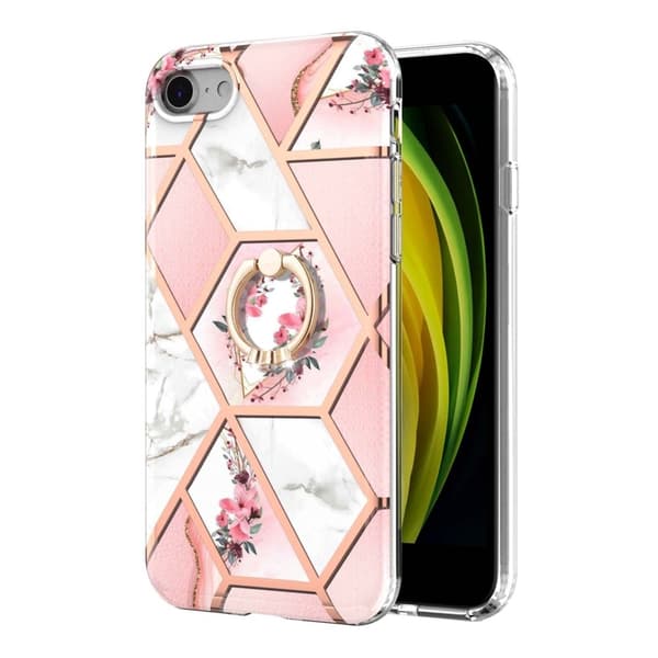 Marble Mønstret Deksel med Ring Holder til iPhone Se (2022) / 2020 / 8 - Rosa Blomster Pink