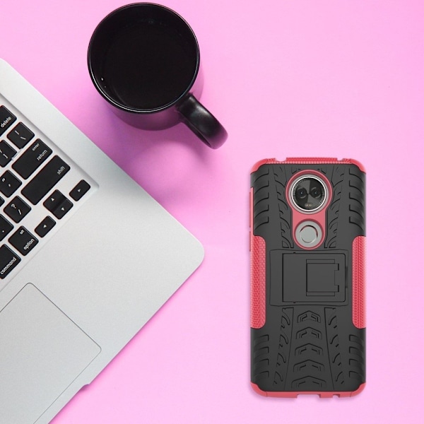Motorola Moto E5 Plus mobilskal hårdplast TPU material skyddande utfällbart ben däck design - Rosenröd Rosa