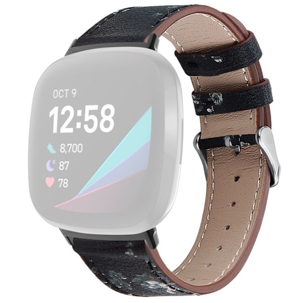 Aitoa nahkaa Fitbit Sense 2 / Versa 4 - Musta / Valkoinen Kukka Black
