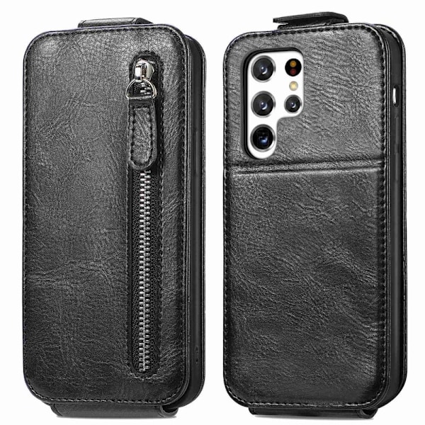 Vertical Flip Phone Suojakotelo With Zipper For Samsung Galaxy S22 Ultra - Musta Black