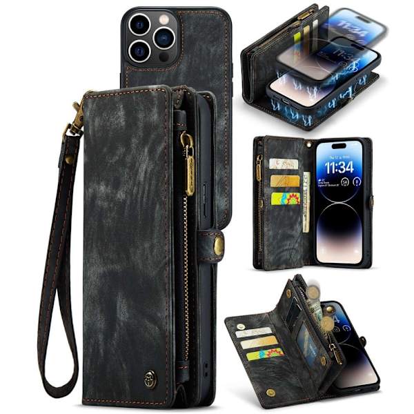 CaseMe iPhone 14 Pro etui med lynlås & pung - Sort Black