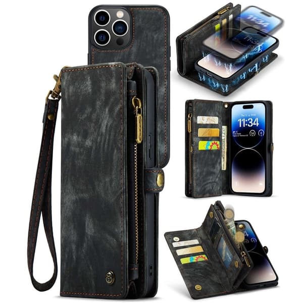 CaseMe iPhone 14 Pro Lommebok med Glidelås - Svart Black