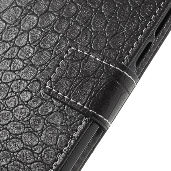 HTC Desire 12 Plus etui i kunstlæder med krokodillestruktur. Med kortlommer og stativ - Sort Black
