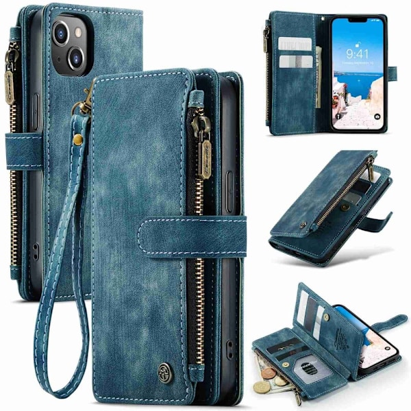 CaseMe iPhone 14 etui med lynlås og pung - Blå Blue