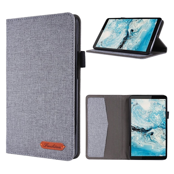 Lenovo Tab M7 läderfodral med tygmotiv - Grå Silvergrå