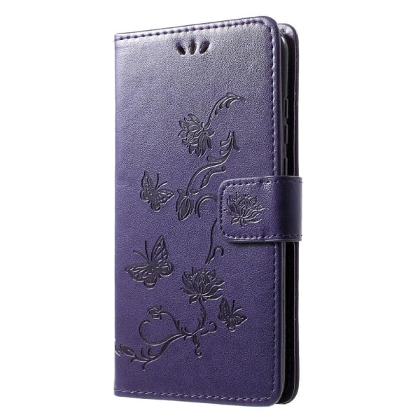 Huawei P30 Lite trykt sommerfugle blomster læder flip etui - Mørkelilla Purple