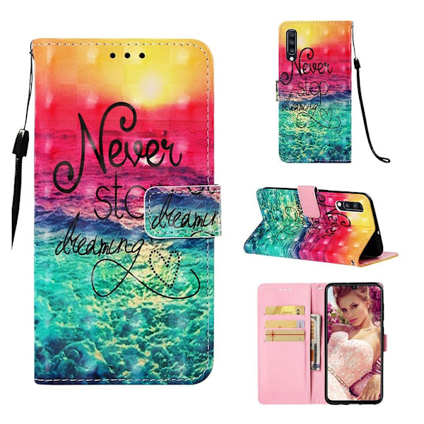 Samsung Galaxy A70 mønstret lædercover - stop aldrig med at drømme Multicolor