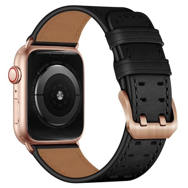 Apple Watch (45 mm) klockarmband i äkta läder - Svart / Roséguld Spänne Svart