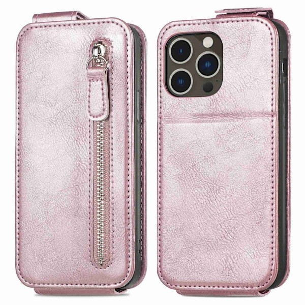 Vertical Flip Phone Suojakotelo With Zipper For iPhone 14 Pro - Ruusukulta Pink