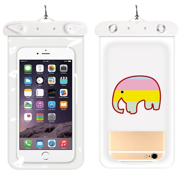Universal cartoon pattern waterproof pouch for 6-inch smartphone with strap - Rainbow Elephant White