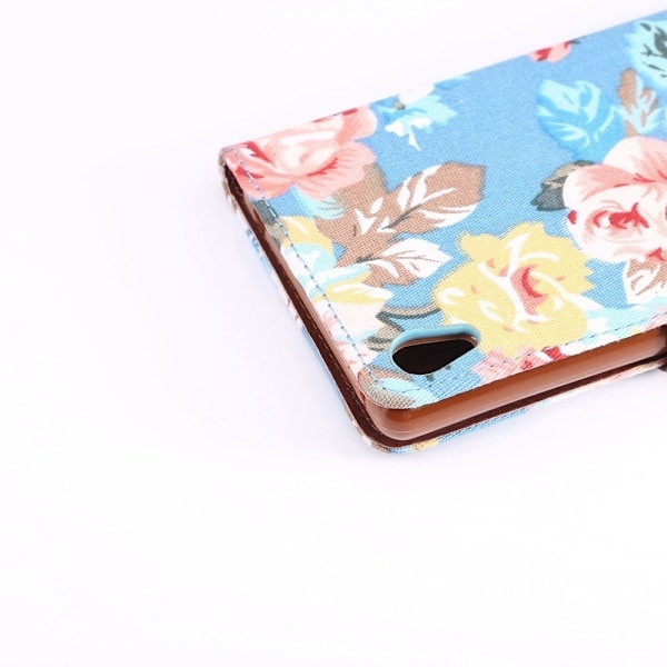 Sony Xperia Z3+ Læder Flip Etui Med Kortholder - Blåt Blomstret mønster Multicolor