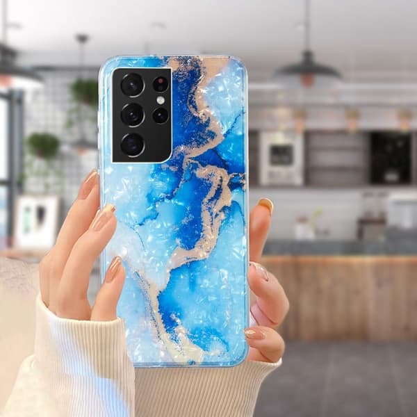Marble Samsung Galaxy S21 Ultra 5G Etui - Blue Guld Marmor Blue