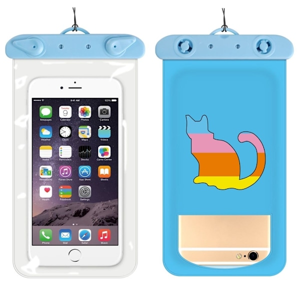 Universal cartoon pattern waterproof pouch for 6-inch smartphone with strap - Rainbow Cat Blue