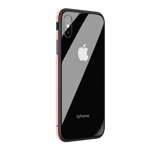 SULADA iPhone Xs Max mobilskal härdat glas metallram - Rosa Rosa