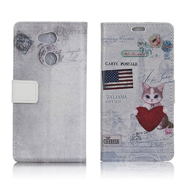 Sony Xperia L2 etui i læder med holder - Flag og kat Multicolor