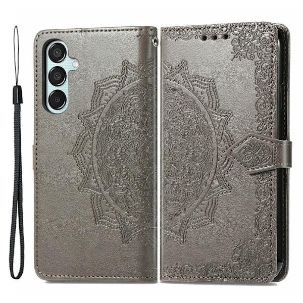 Mandala Samsung Galaxy M15 nahkakotelo - Harmaa Silver grey
