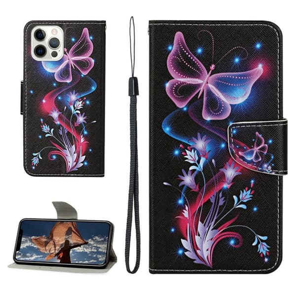 Wonderland iPhone 13 Pro Max flip etui - Lyserød Sommerfugl Multicolor