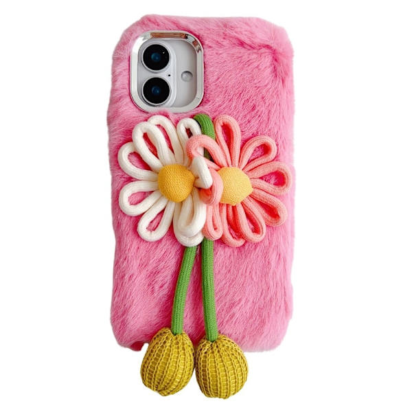 iPhone 16 Plus Case Two Flowers Decor Outer Fluffy Plush Inner Flexible Phone Cover - Pink Pink