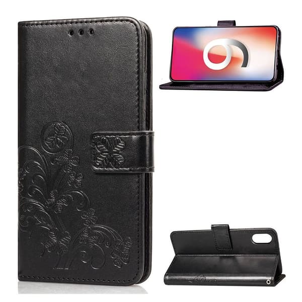 iPhone Xs Max læder flip cover med kløvermønster - Sort Black