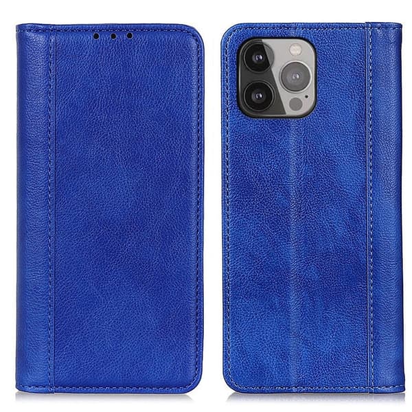 Äkta läder iPhone 13 Pro Max fodral med magnetisk stängning Blå