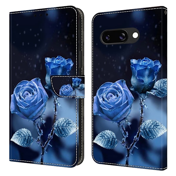 Google Pixel 9a Plånboksfodral Mönster Tryck Stativ Läder Flip Telefonskal - Blå Rosor Blå