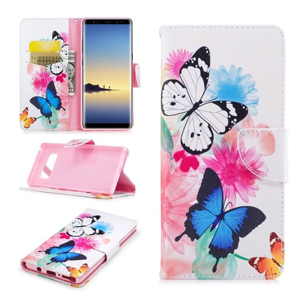 Samsung Galaxy Note 8 Mønster PU Lær Flip Etui - Sommerfugler Og Blomster Multicolor