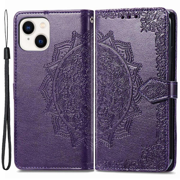 Mandala iPhone 15 Plus læderetui - Lilla Purple