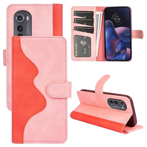 To Farvet Læder Flip Case til Motorola Moto Edge 2022 - Lyserød Pink