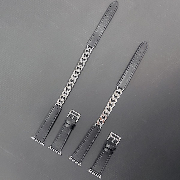 Apple Watch Series 8 (45mm) / Watch Ultra klockarmband i äkta läder med kedjedekor Svart
