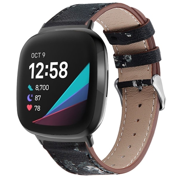 Urrem i ægte læder Fitbit Sense 2 / Versa 4 - Sort / Hvid Blomst Black