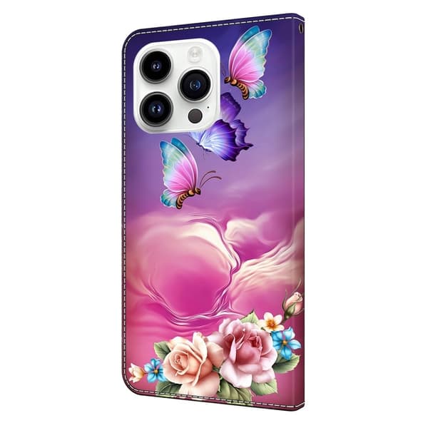 iPhone 16 Pro Max Plånboksfodral Mönster Tryck Stativ Läder Flip Telefonskal - Blommig Fjäril Rosa