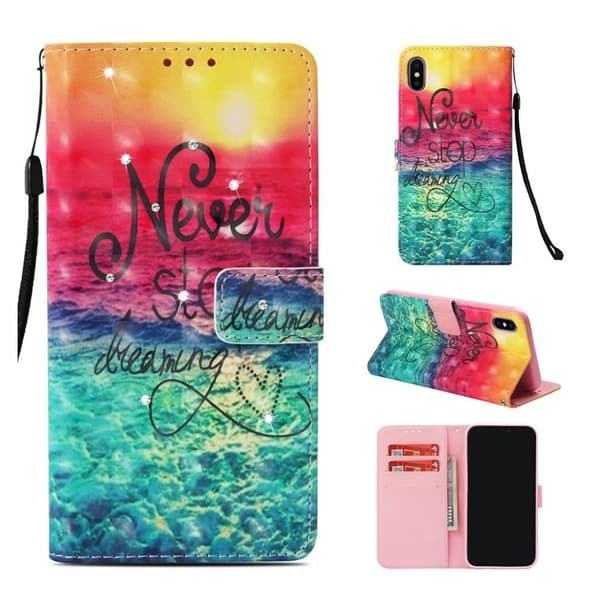 iPhone Xs Max flip cover i læder med diamandtmønster - Never Stop Dreaming Multicolor