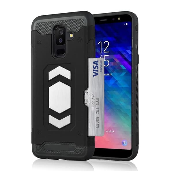 Samsung Galaxy A6 Plus (2018) mobilskal plast silikon kortficka bilhållare - Svart Black