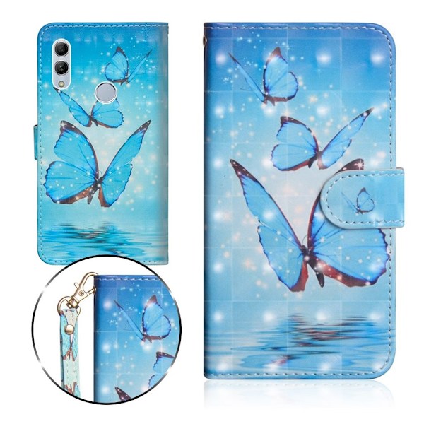 Huawei P Smart 2019 lysspot dekoreret læder flip etui - Blå Sommerfugl Blue