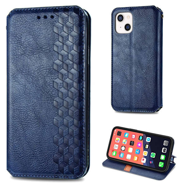 Läder iPhone 13 fodral med romb-design - Blå Blå