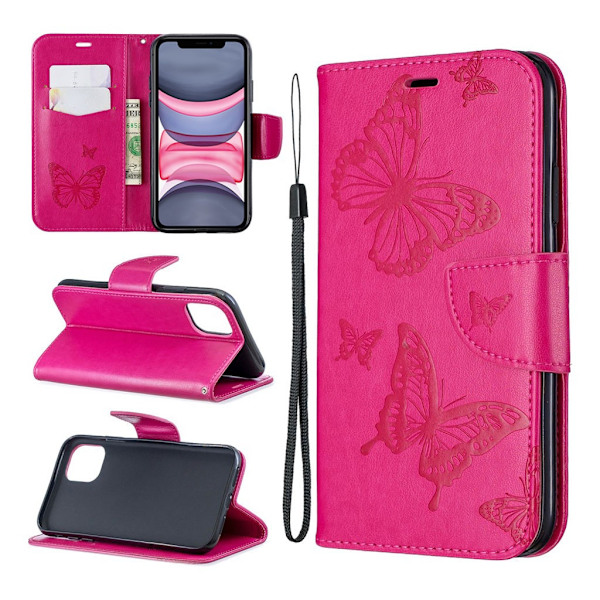 Butterfly läder iPhone 11 fodral - Rosa Rosa