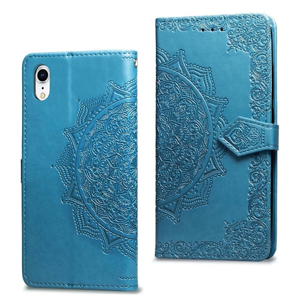 iPhone Xr Mandala printti kuvioitu synteetti nahkainen lompakko suojakotelo - Sininen Blue